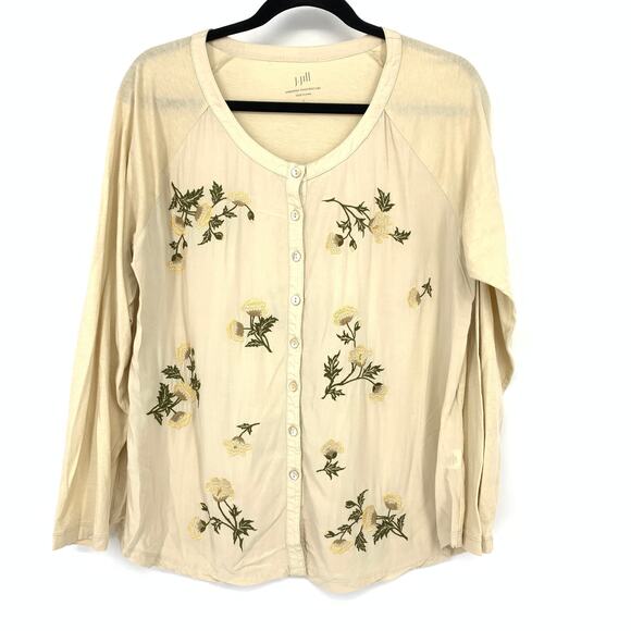 J. Jill Tops - J.Jill Embroidered Woven Front Shirt Womens Sz PL Tan Long Sleeve Button Front